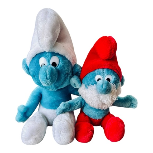 VTG 1979/81 The Smurfs Seated Smurf & Papa Smurf Bean Bag Plush Toy Bundle - Picture 1 of 16